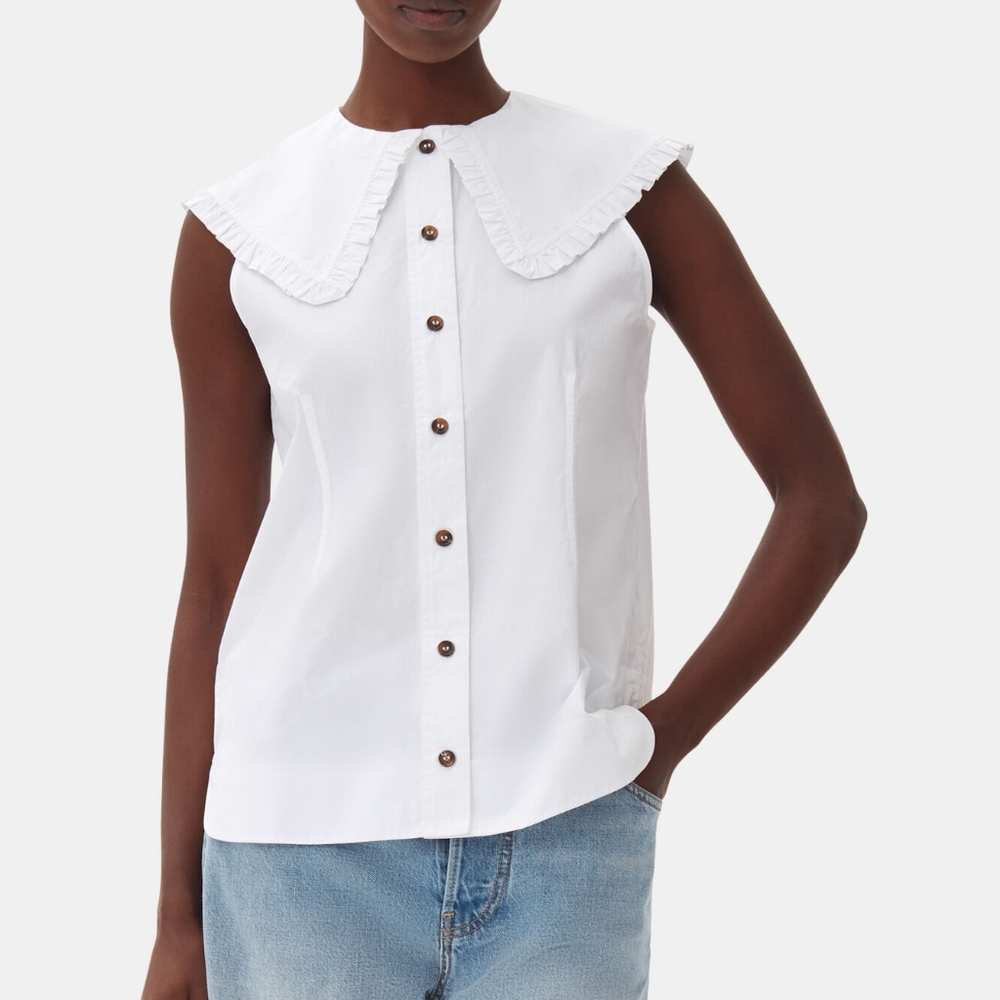 GANNI Cotton Poplin Sleeveless Frill Collar Shirt size 42, white